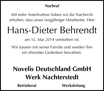Traueranzeige von Hans-Dieter Behrendt von Mitteldeutsche Zeitung Aschersleben