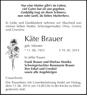 Traueranzeige von Käte Brauer von Mitteldeutsche Zeitung Naumburg/Nebra