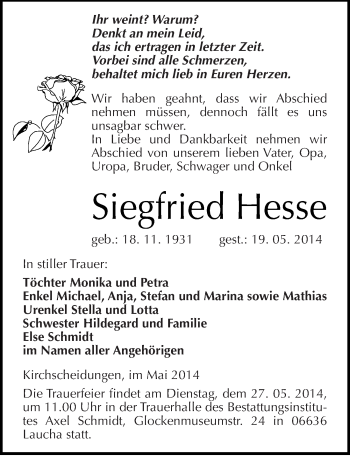Traueranzeige von Siegfried Hesse von Mitteldeutsche Zeitung Naumburg/Nebra