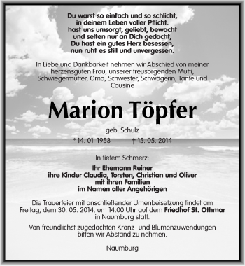 Traueranzeige von Marion Töpfer von Mitteldeutsche Zeitung Naumburg/Nebra