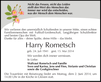 Traueranzeige von Harry Rometsch von Mitteldeutsche Zeitung Weißenfels