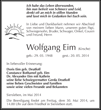 Traueranzeige von Wolfgang Eim von Mitteldeutsche Zeitung Mansfelder Land