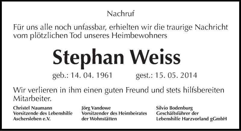  Traueranzeige für Stephan Weiss vom 23.05.2014 aus Mitteldeutsche Zeitung Aschersleben