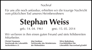 Traueranzeige von Stephan Weiss von Mitteldeutsche Zeitung Aschersleben