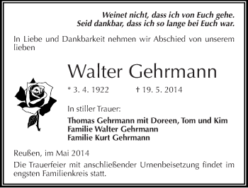 Traueranzeige von Walter Gehrmann von Mitteldeutsche Zeitung Halle/Saalkreis