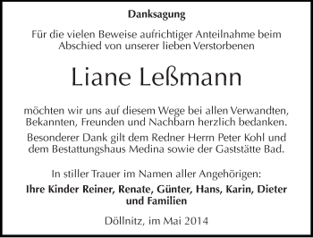Traueranzeige von Liane Leßmann von Mitteldeutsche Zeitung Halle/Saalkreis