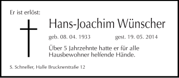 Traueranzeige von Hans-Joachim Wünscher von Mitteldeutsche Zeitung Halle/Saalkreis