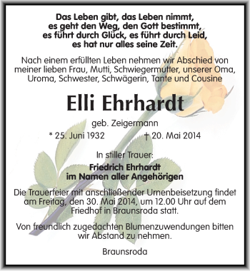 Traueranzeige von Elli Ehrhardt von Mitteldeutsche Zeitung Naumburg/Nebra