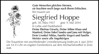 Traueranzeige von Siegfried Hoppe von Mitteldeutsche Zeitung Zeitz