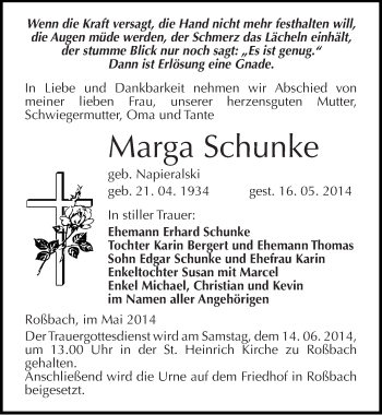 Traueranzeige von Marga Schunke von Mitteldeutsche Zeitung Merseburg/Querfurt
