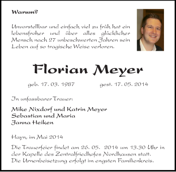 Traueranzeige von Florian Meyer von Mitteldeutsche Zeitung Sangerhausen