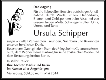 Traueranzeige von Ursula Schipper von Mitteldeutsche Zeitung Merseburg/Querfurt