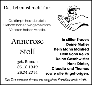 Traueranzeige von Annerose Stoll von Mitteldeutsche Zeitung Halle/Saalkreis