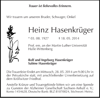 Traueranzeige von Heinz Hasenkrüger von Mitteldeutsche Zeitung Halle/Saalkreis