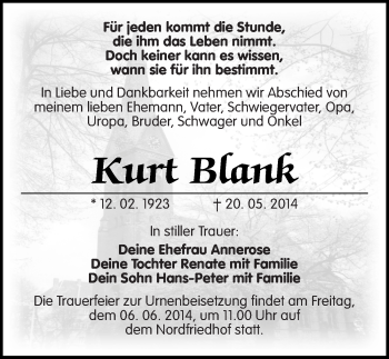 Traueranzeige von Kurt Blank von Mitteldeutsche Zeitung Halle/Saalkreis