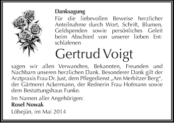 Traueranzeige von Gertrud Voigt von Mitteldeutsche Zeitung Halle/Saalkreis