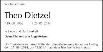Traueranzeige von Theo Dietze von Mitteldeutsche Zeitung Halle/Saalkreis