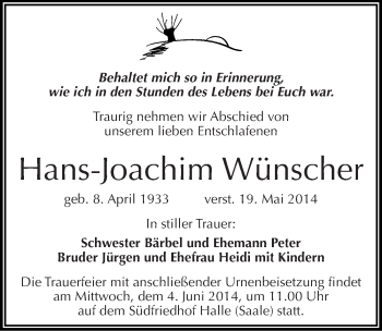 Traueranzeige von Hans-Joachim Wünscher von Mitteldeutsche Zeitung Halle/Saalkreis