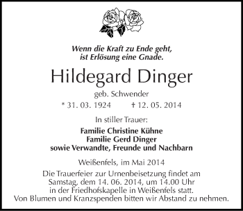 Traueranzeige von Hildegard Dinger von Mitteldeutsche Zeitung Weißenfels