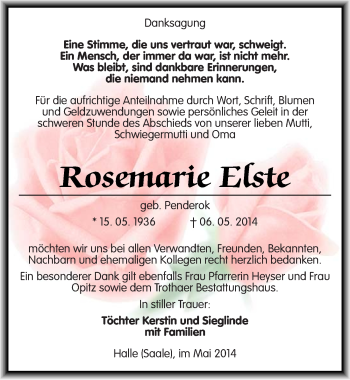 Traueranzeige von Rosemarie Elste von Mitteldeutsche Zeitung Halle/Saalkreis