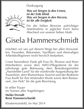Traueranzeige von Gisela Hammerschmidt von Mitteldeutsche Zeitung Mansfelder Land
