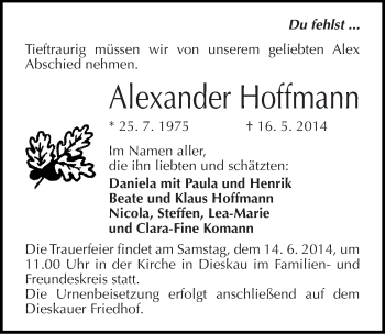 Traueranzeige von Alexander Hoffmann von Mitteldeutsche Zeitung Merseburg/Querfurt