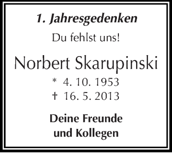 Traueranzeige von Norbert Skarupinski von Mitteldeutsche Zeitung Halle/Saalkreis