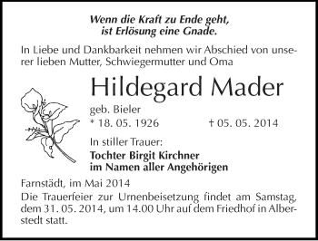 Traueranzeige von Hildegard Mader von Mitteldeutsche Zeitung Merseburg/Querfurt