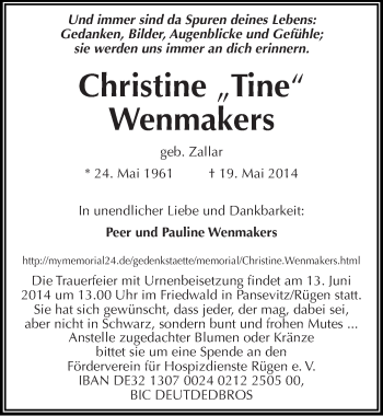 Traueranzeige von Christine Wenmakers von Mitteldeutsche Zeitung Naumburg/Nebra