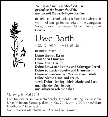 Traueranzeige von Uwe Barth von Mitteldeutsche Zeitung Wittenberg