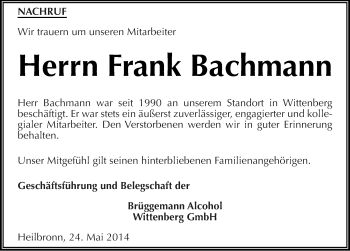 Traueranzeige von Frank Bachmann von Mitteldeutsche Zeitung Wittenberg
