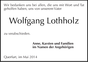Traueranzeige von Wolfgang Lothholz von Mitteldeutsche Zeitung Merseburg/Querfurt