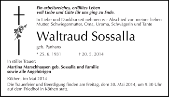 Traueranzeige von Waltraud Sossalla von Mitteldeutsche Zeitung Köthen