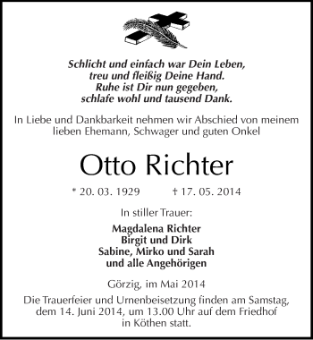 Traueranzeige von Otto Richter von Mitteldeutsche Zeitung Köthen