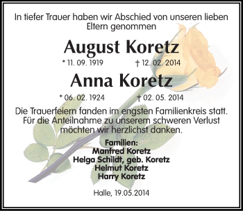 Traueranzeige von August Koretz von Mitteldeutsche Zeitung Halle/Saalkreis