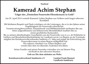 Traueranzeige von Achim Stephan von Mitteldeutsche Zeitung Halle/Saalkreis