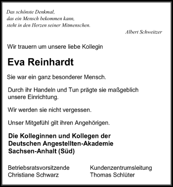 Traueranzeige von Eva Reinhardt von Mitteldeutsche Zeitung