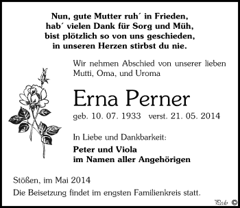 Traueranzeige von Erna Perner von Mitteldeutsche Zeitung Naumburg/Nebra