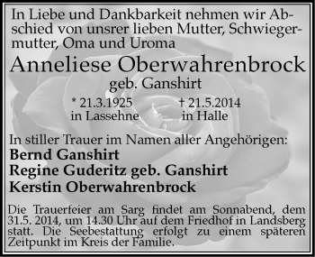 Traueranzeige von Ânneliese Oberwahrenbrock von Mitteldeutsche Zeitung Halle/Saalkreis
