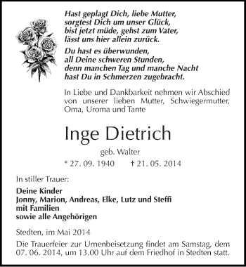 Traueranzeige von Inge Dietrich von Mitteldeutsche Zeitung Mansfelder Land