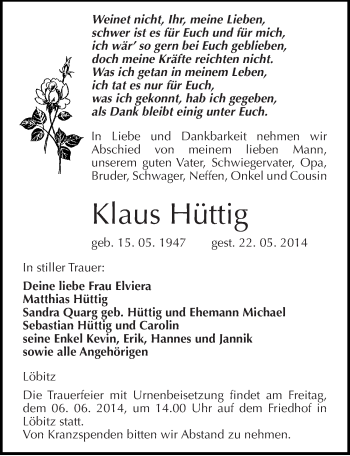 Traueranzeige von Klaus Hüttig von Mitteldeutsche Zeitung Naumburg/Nebra