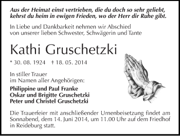 Traueranzeige von Kathi Gruschetzki von Mitteldeutsche Zeitung Halle/Saalkreis