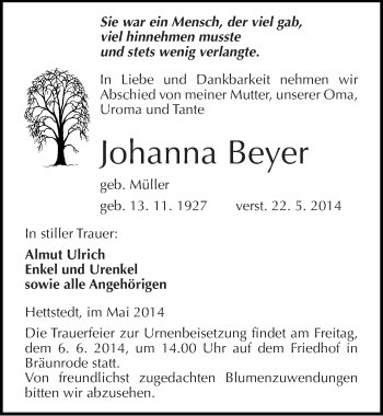 Traueranzeige von Johanna Beyer von Mitteldeutsche Zeitung Mansfelder Land