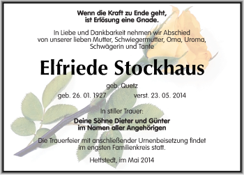 Traueranzeige von Elfriede Stockhaus von Mitteldeutsche Zeitung Mansfelder Land