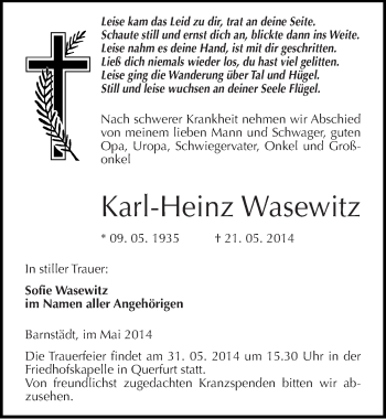 Traueranzeige von Karl-Heinz Wasewitz von Mitteldeutsche Zeitung