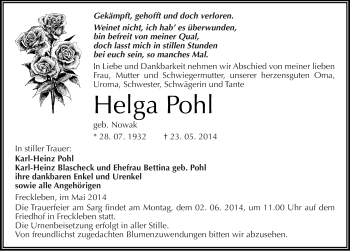 Traueranzeige von Helga Pohl von Mitteldeutsche Zeitung Aschersleben