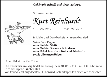 Traueranzeige von Kurt Reinhardt von Mitteldeutsche Zeitung Mansfelder Land