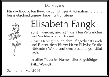 Traueranzeige von Elisabeth Fangk von Mitteldeutsche Zeitung Merseburg/Querfurt