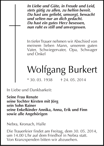 Traueranzeige von Wolfgang Burkert von Mitteldeutsche Zeitung Naumburg/Nebra