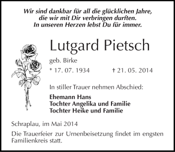 Traueranzeige von Lutgard PIetsch von Mitteldeutsche Zeitung Merseburg/Querfurt